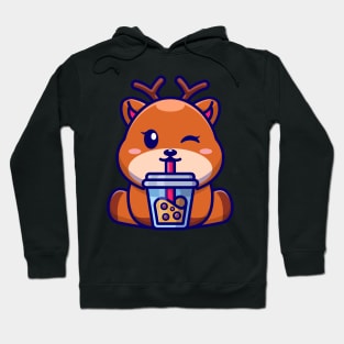 Cute deer drinking boba milk tea cartoon Hoodie